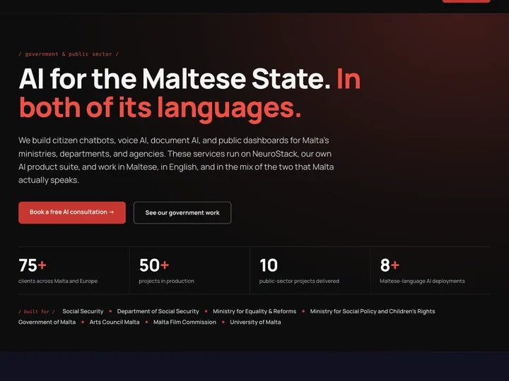 Top of the Neural AI government landing page: the headline “AI for the Maltese State. In both of its languages.” and four figures, on a near-black page with a red glow.